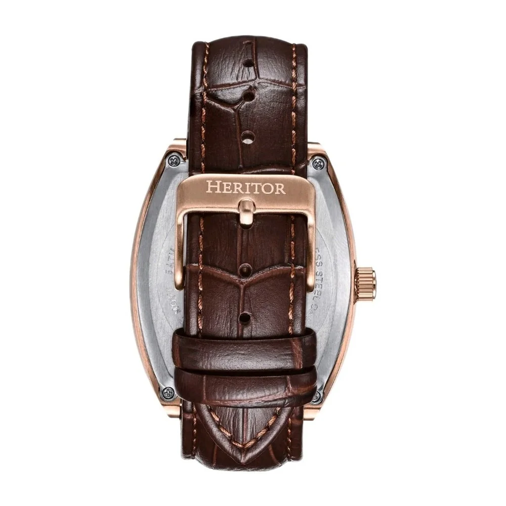 Heritor Mens Watch Rose Gold Brown Leather Semi Skeleton